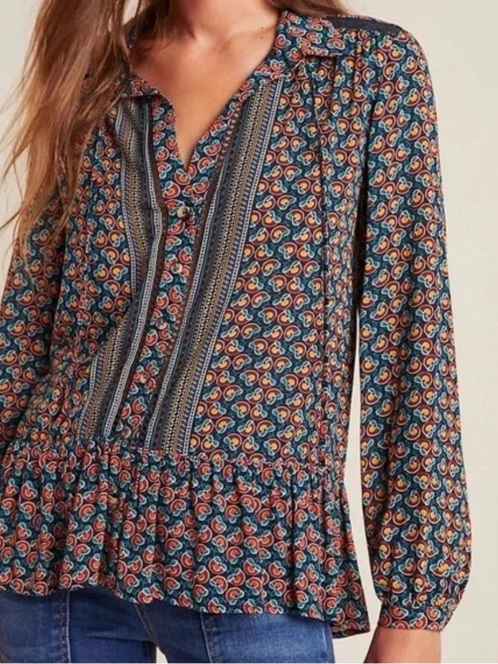 Maeve by Anthropologie Boho Printed Peasant Dress Blouse in Teal Multi XS